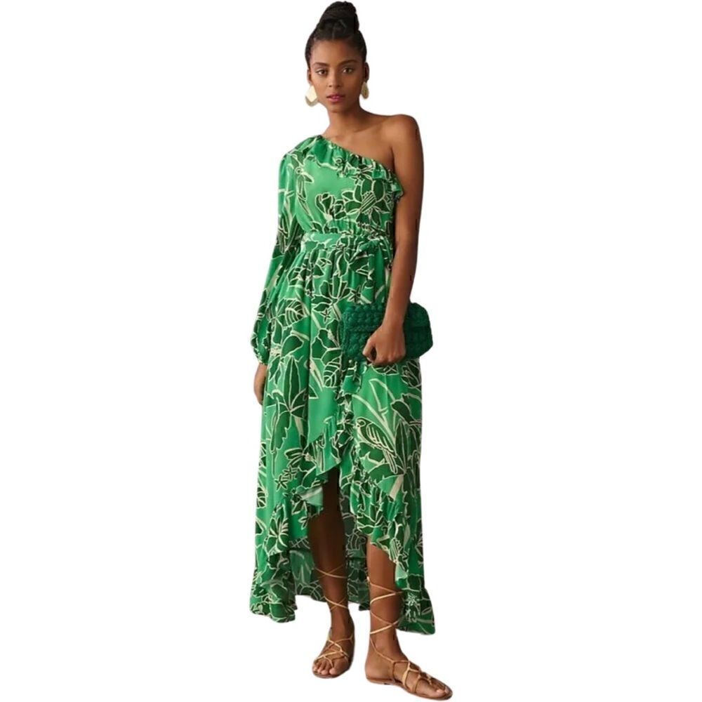🌿Farm Rio x Anthropologie One-Shoulder Ruffle Faux Wrap Hi-Low Dress, XXS. NWT!